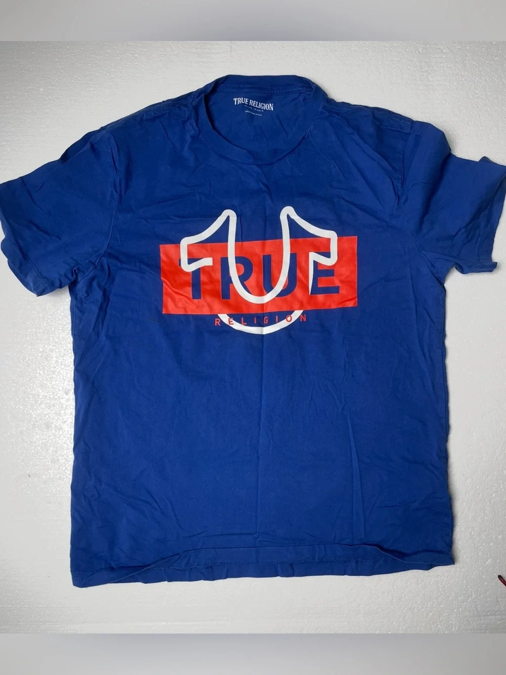 True Religion Blue T-Shirt with Red and White Graphic